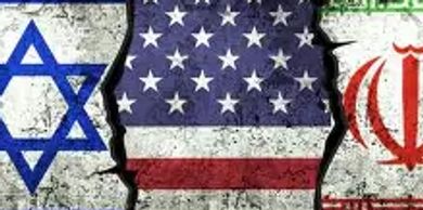 Cracked wall with Israel, USA, and Iran flags symbolizing tension.