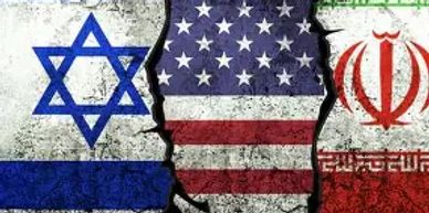 Cracked wall with Israel, USA, and Iran flags symbolizing tension.