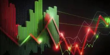 Colorful financial graph with fluctuating green and red lines.