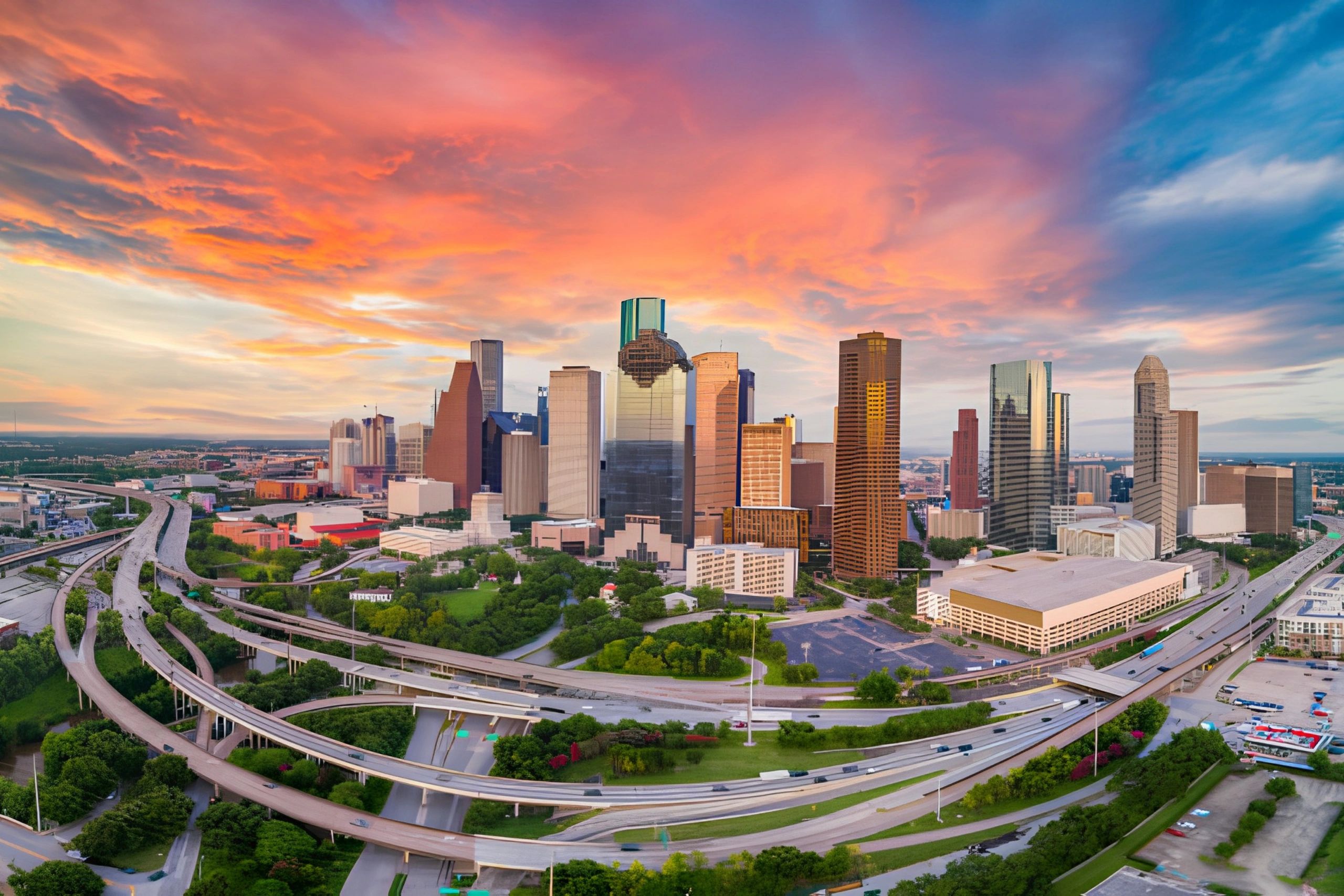 Houston skyline at sunset with colorful clouds.