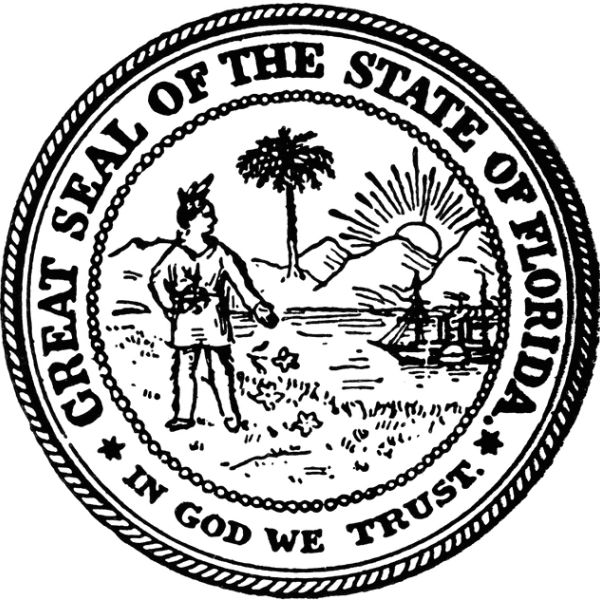 The Great Seal of the State of Florida showing a Native American, a sunset, and a ship.