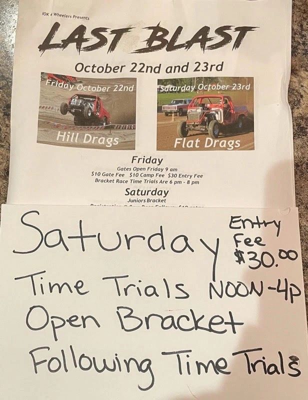 Last Blast event on October 22-23 featuring Hill Drags and Flat Drags with entry fees and time trials.