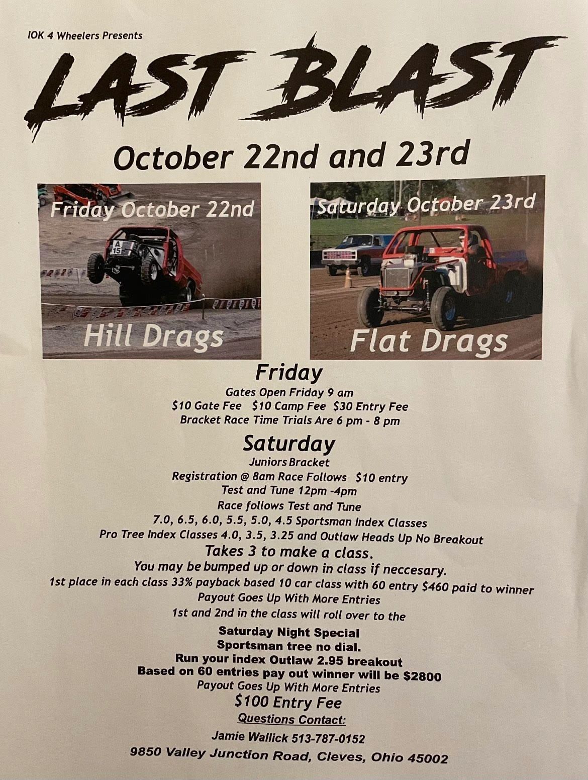 Flyer for Last Blast drag racing event on October 22-23 with Hill Drags and Flat Drags.