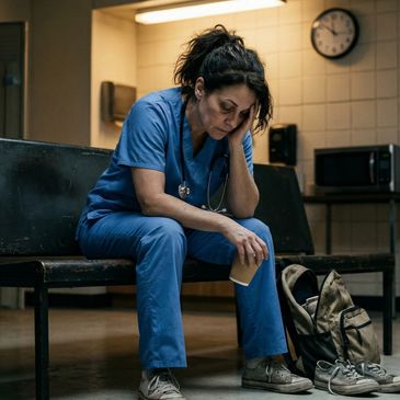 Tired nurse in blue scrubs sitting on a bench, holding a coffee cup.