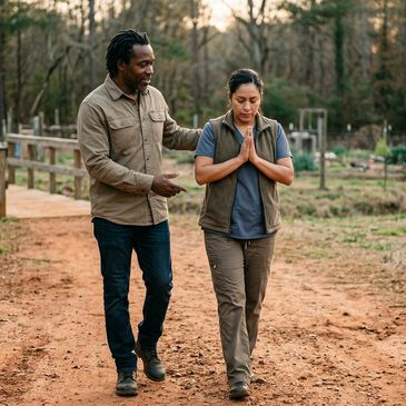 Man comforts woman walking with hands in prayer outdoors.
