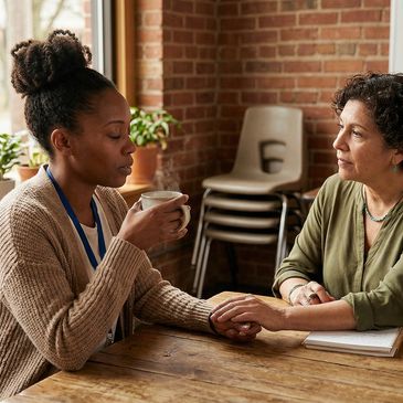 Two women having a heartfelt conversation, one holding the other's hand.