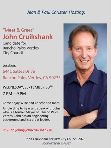 Flyer for John Cruikshank's meet and greet for Rancho Palos Verdes City Council.