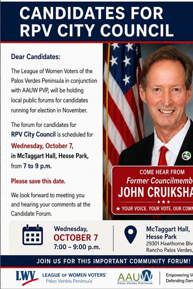 Announcement for RPV City Council candidate forum on October 7.