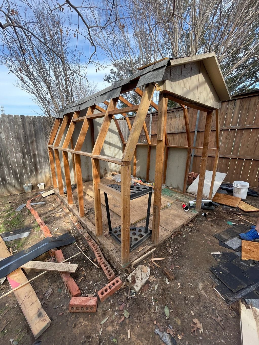 Shed demolition process of a pre-fabricated shed. Demo occurred after years of neglect.