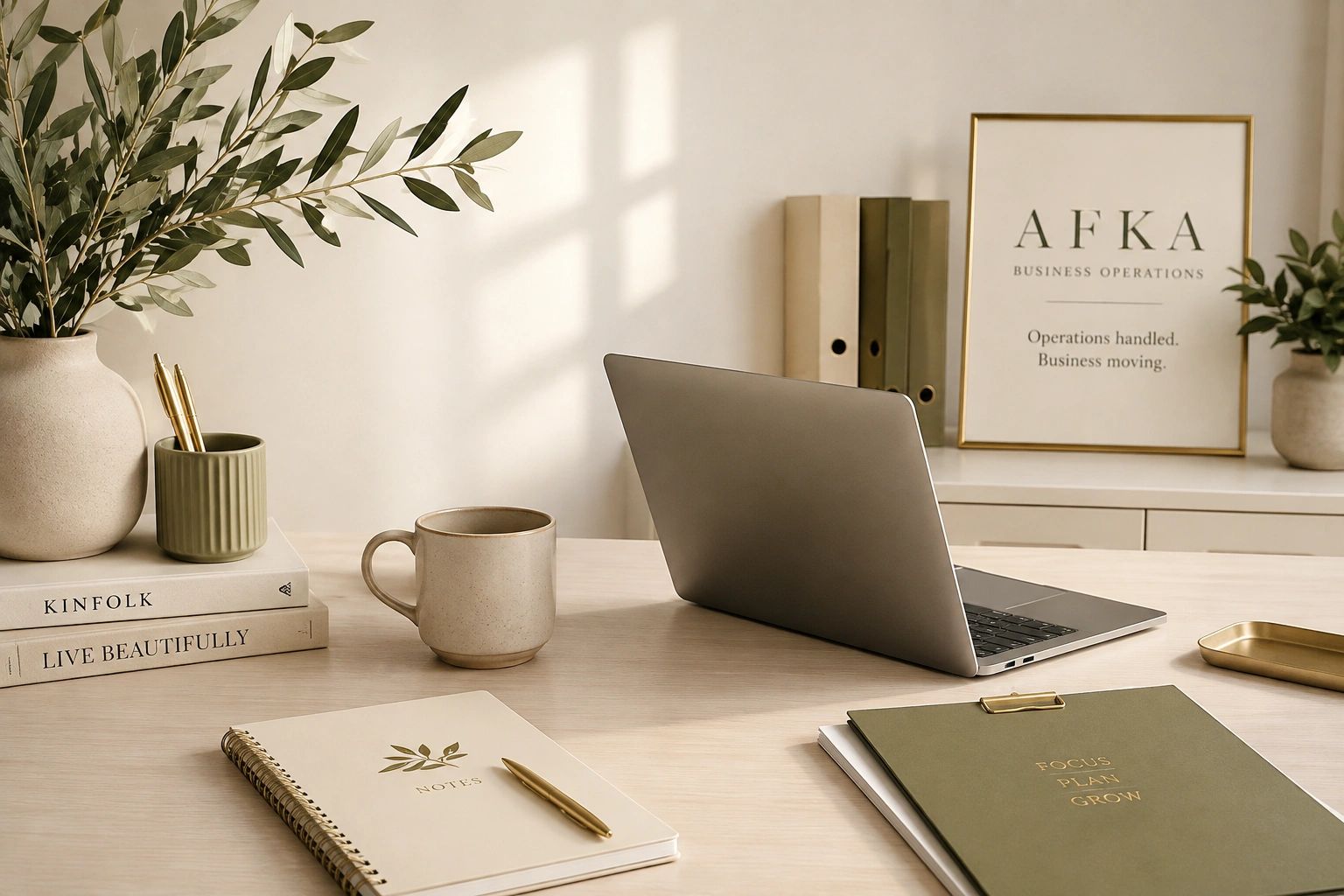 Modern AFKA Business Operations workspace with laptop, organized office materials.