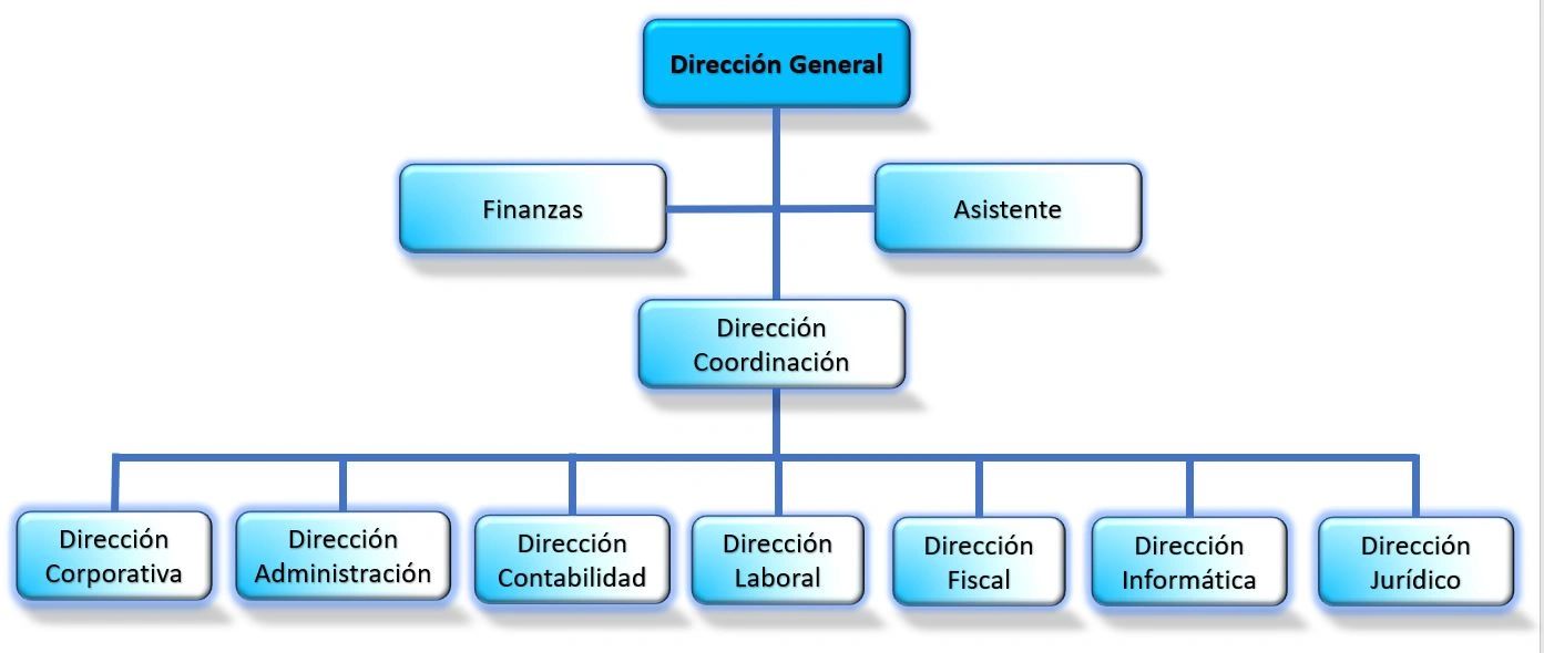 Organizational structure chart showing various departments under Dirección General.