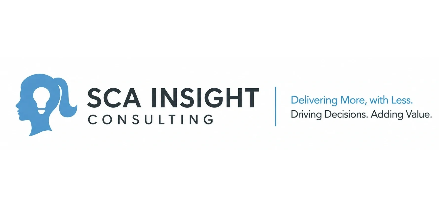 SCA Insight Consulting logo, tagline: Delivering More, with Less. Driving Decisions. Adding Value.