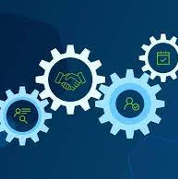 Interconnected gears with business and communication icons.