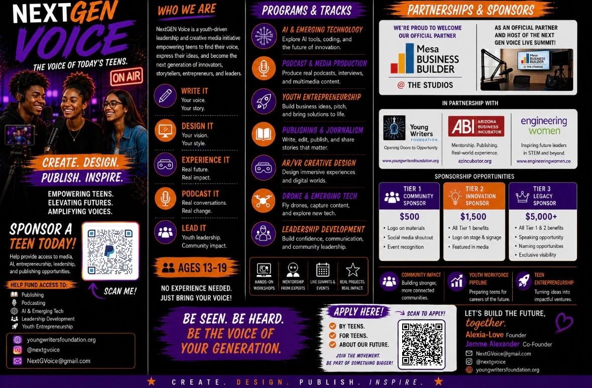 NextGEN Voice empowers teens with media, leadership, and entrepreneurship programs to amplify their voices and innovate.