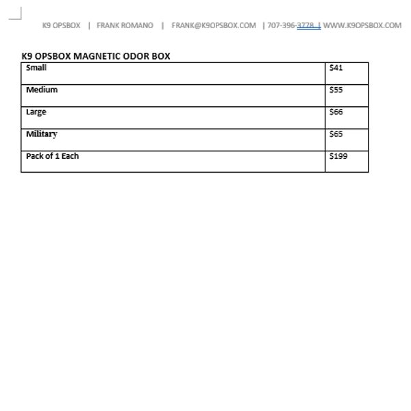 K9 Opsbox Collapsible Odor Box price list chart 