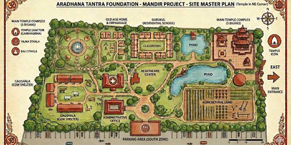 Detailed site master plan of Aradhana Tantra Foundation temple project with facilities and land use.