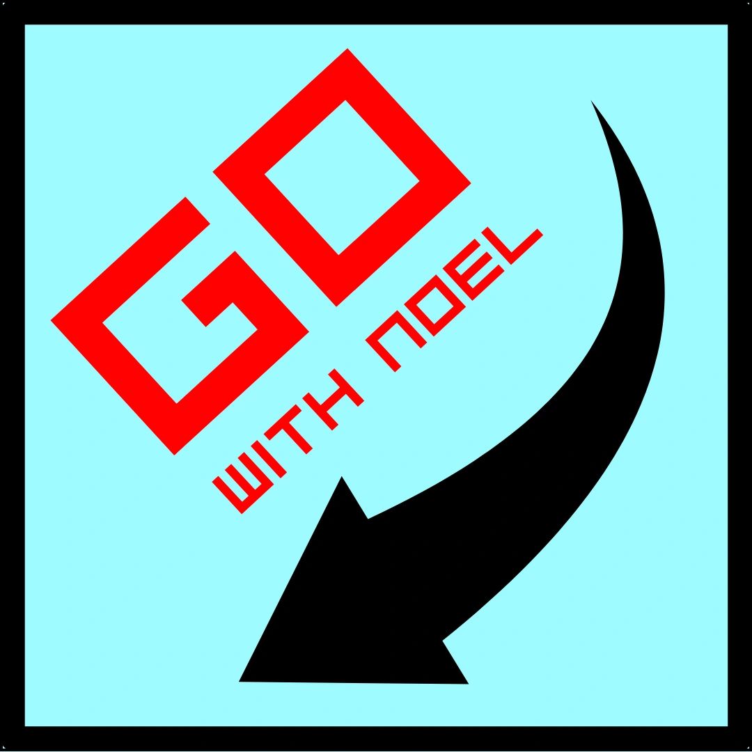 Red text 'GO with NOEL' and a black arrow on light blue background.