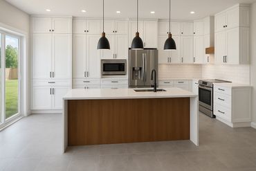 two-tone kitchen with waterfall countertop