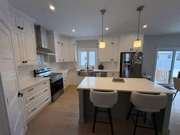two tone green and white kitchen with quartz countertop Ottawa

