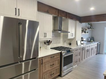 Two tone kitchen, customer millwork, cabinets, kitchen renovations, rustic kitchen
