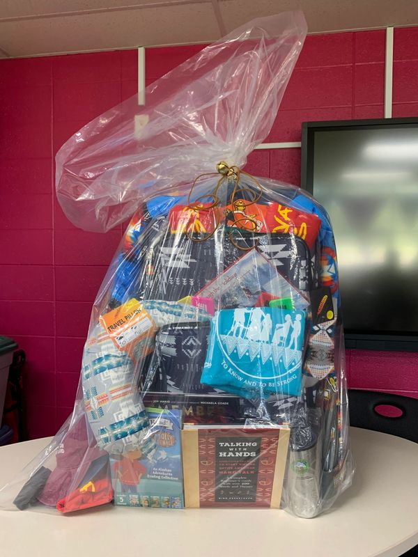 basket for raffle with Native American themed donations