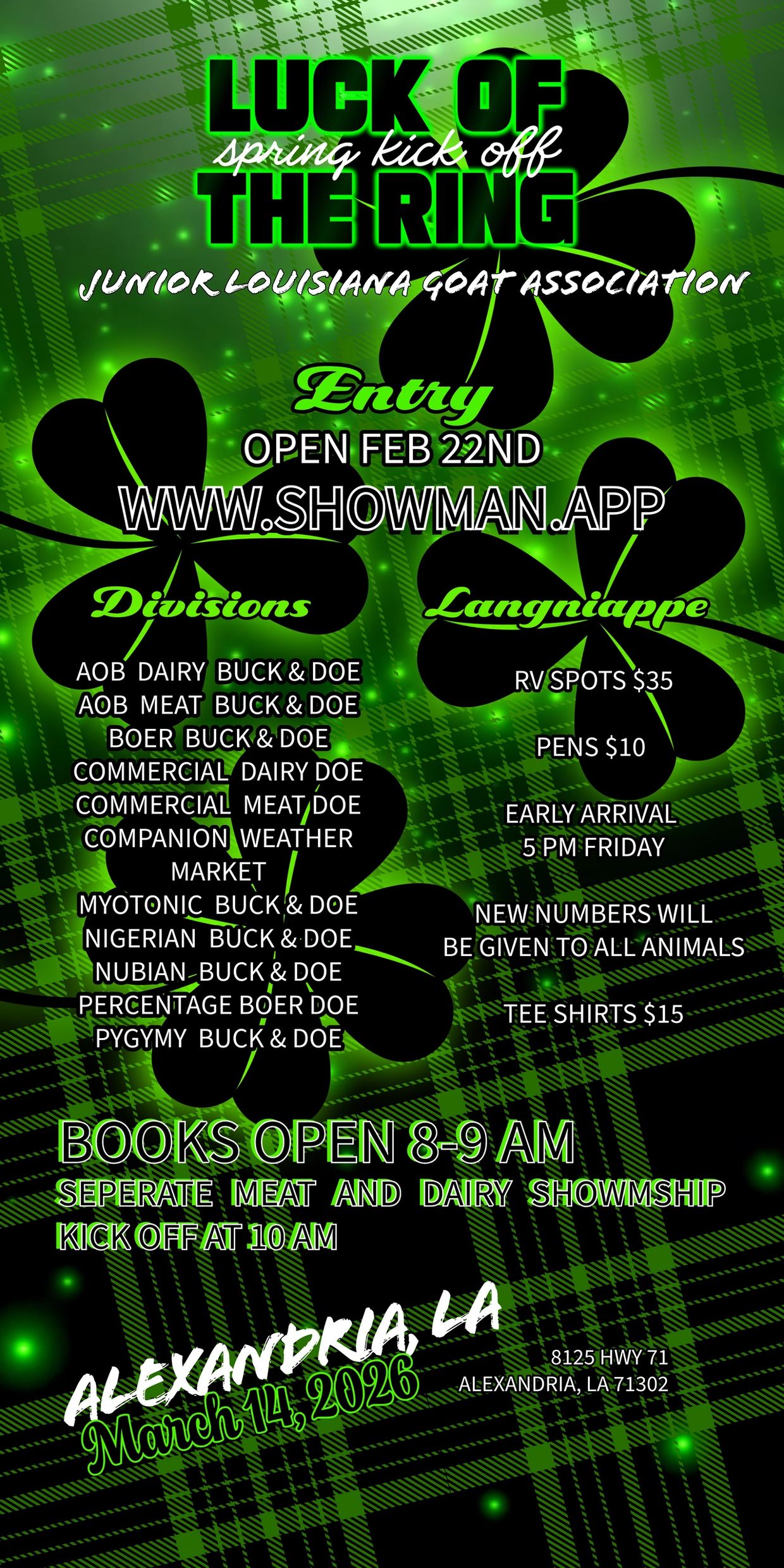 Flyer for the Junior Louisiana Goat Association's Luck of the Ring event in Alexandria, LA, March 14, 2026.