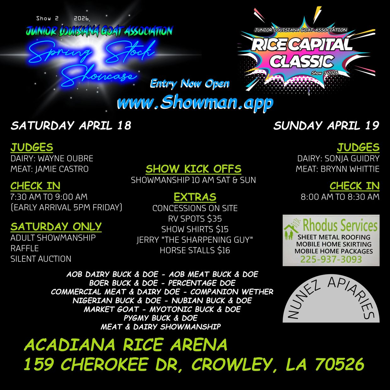 Junior Louisiana Goat Association Spring Stock Showcase and Rice Capital Classic event details.