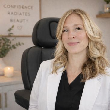 Smiling woman in a white coat sitting in a professional setting.