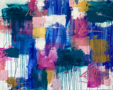 Large, colorful, abstract artwork by Joanna Reynolds titled "Obsession" 