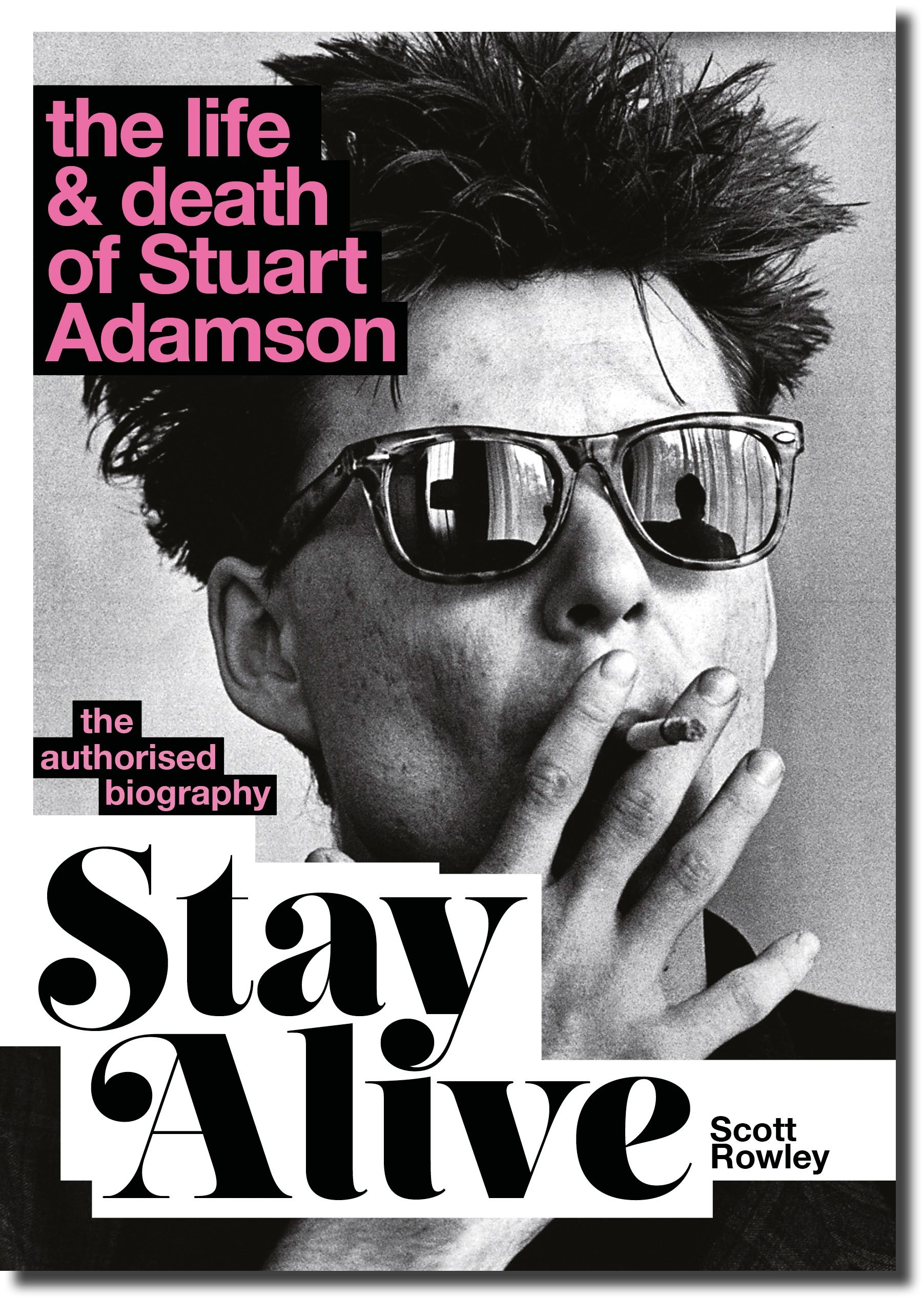 Black and white book cover of Stuart Adamson biography with a man smoking and wearing sunglasses.