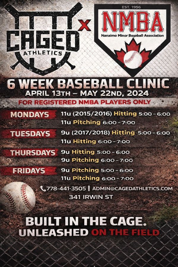 6-week baseball clinic for registered NMBA players, focusing on hitting and pitching.
