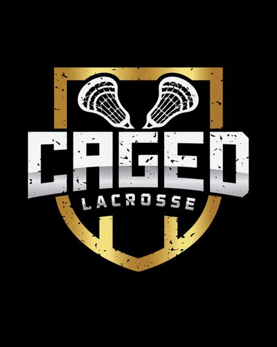 Logo with gold shield and lacrosse sticks for Caged Lacrosse.