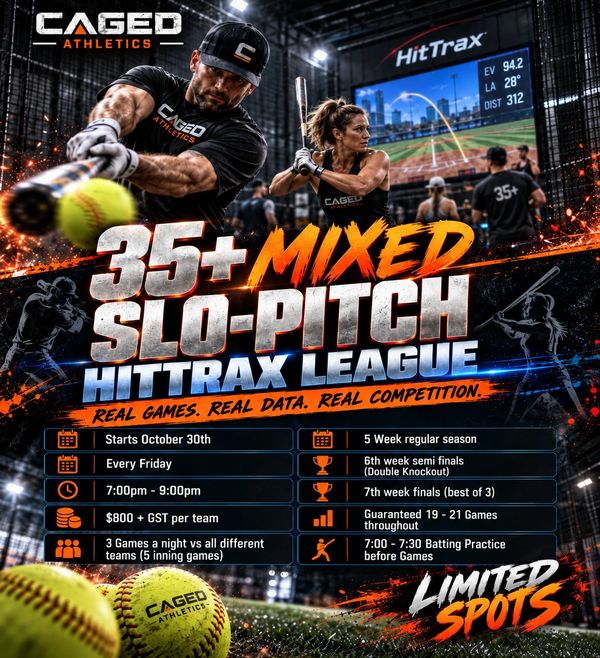 Flyer for 35+ mixed slo-pitch HitTrax league with schedule and fees.