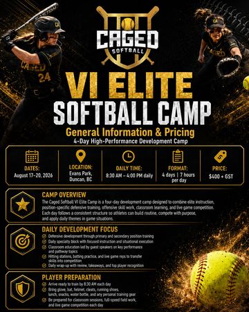 VI Elite Softball Camp advertisement with dates, location, and pricing.