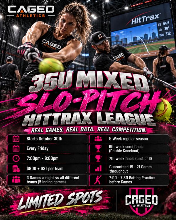 Promotional flyer for 35U Mixed Slo-Pitch HitTrax League by Caged Athletics.