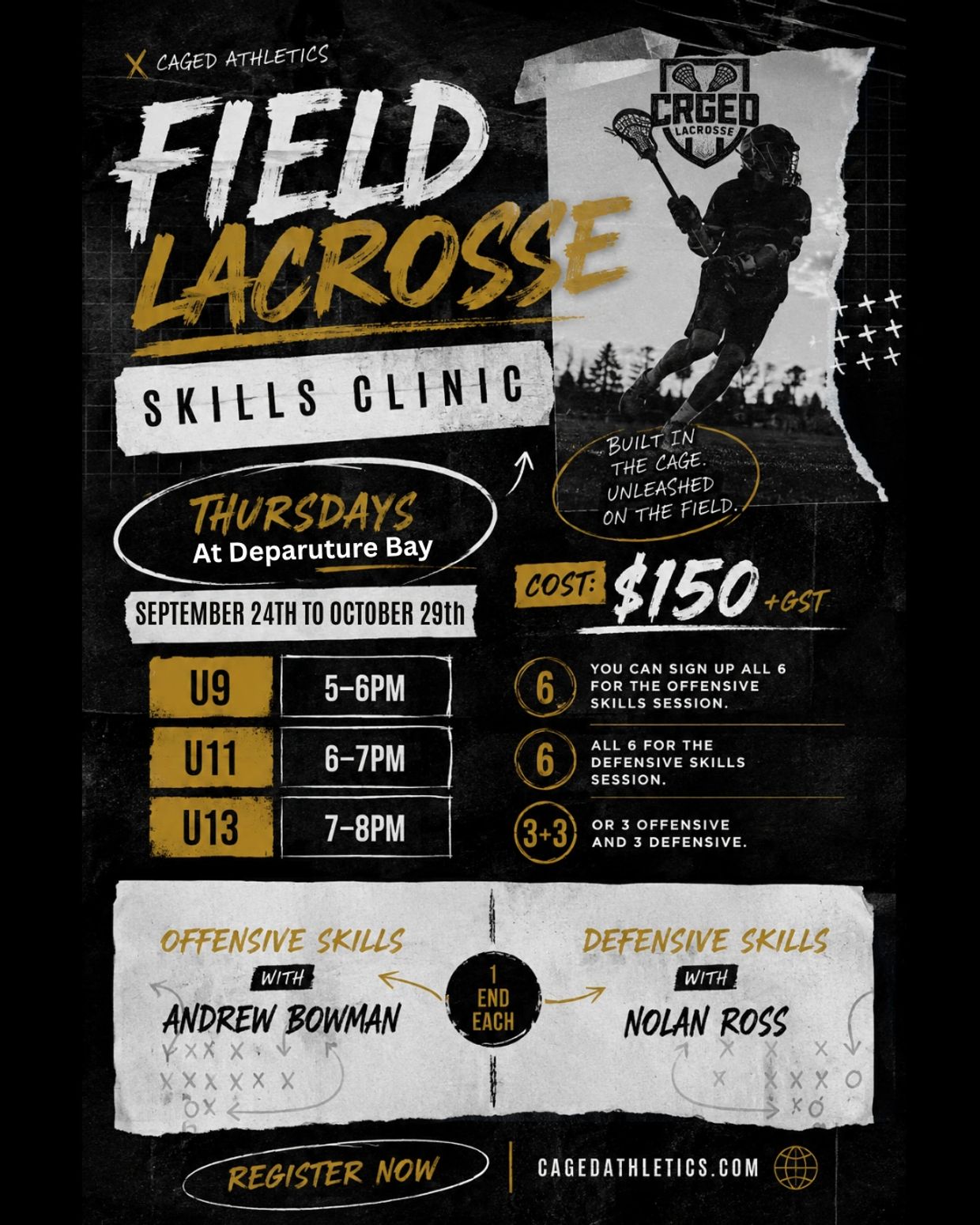 Field Lacrosse Skills Clinic details with schedule, cost, and coaches.