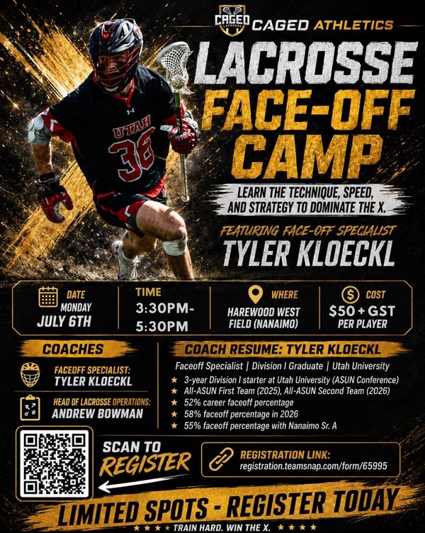 Lacrosse Face-Off Camp with Tyler Kloeckl on July 6th, 3:30-5:30PM at Harewood West Field.