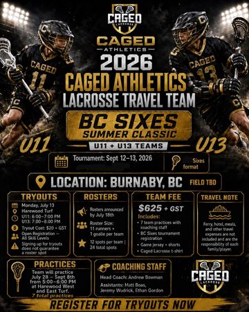 2026 Caged Athletics lacrosse travel team tryouts in Burnaby, BC.