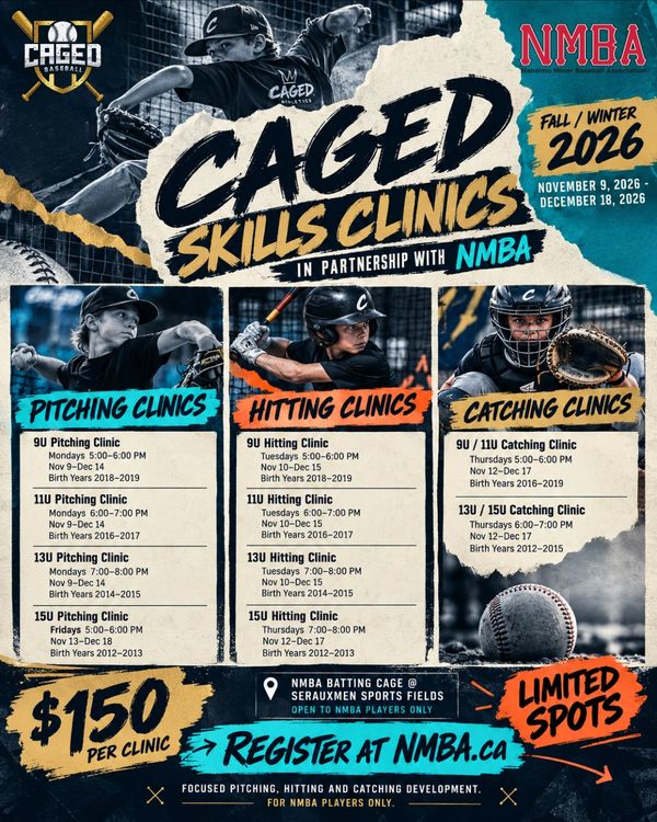 Flyer for Caged Baseball skills clinics in partnership with NMBA for Fall/Winter 2026.