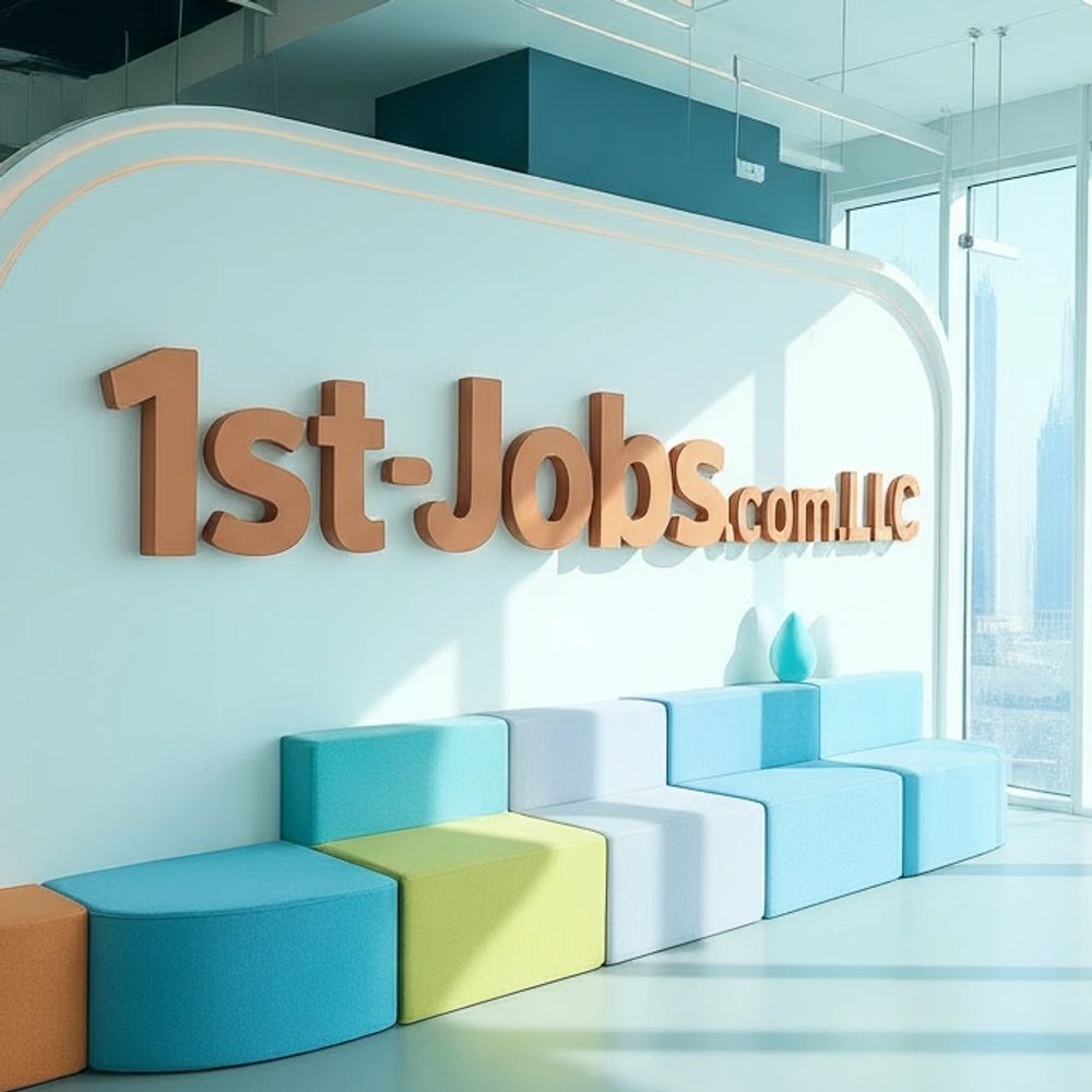 Modern office lobby with colorful seating and large windows showing city skyscrapers.
