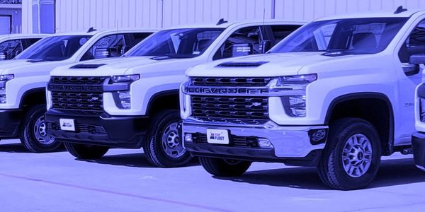 Line of white Chevrolet pickup trucks parked.