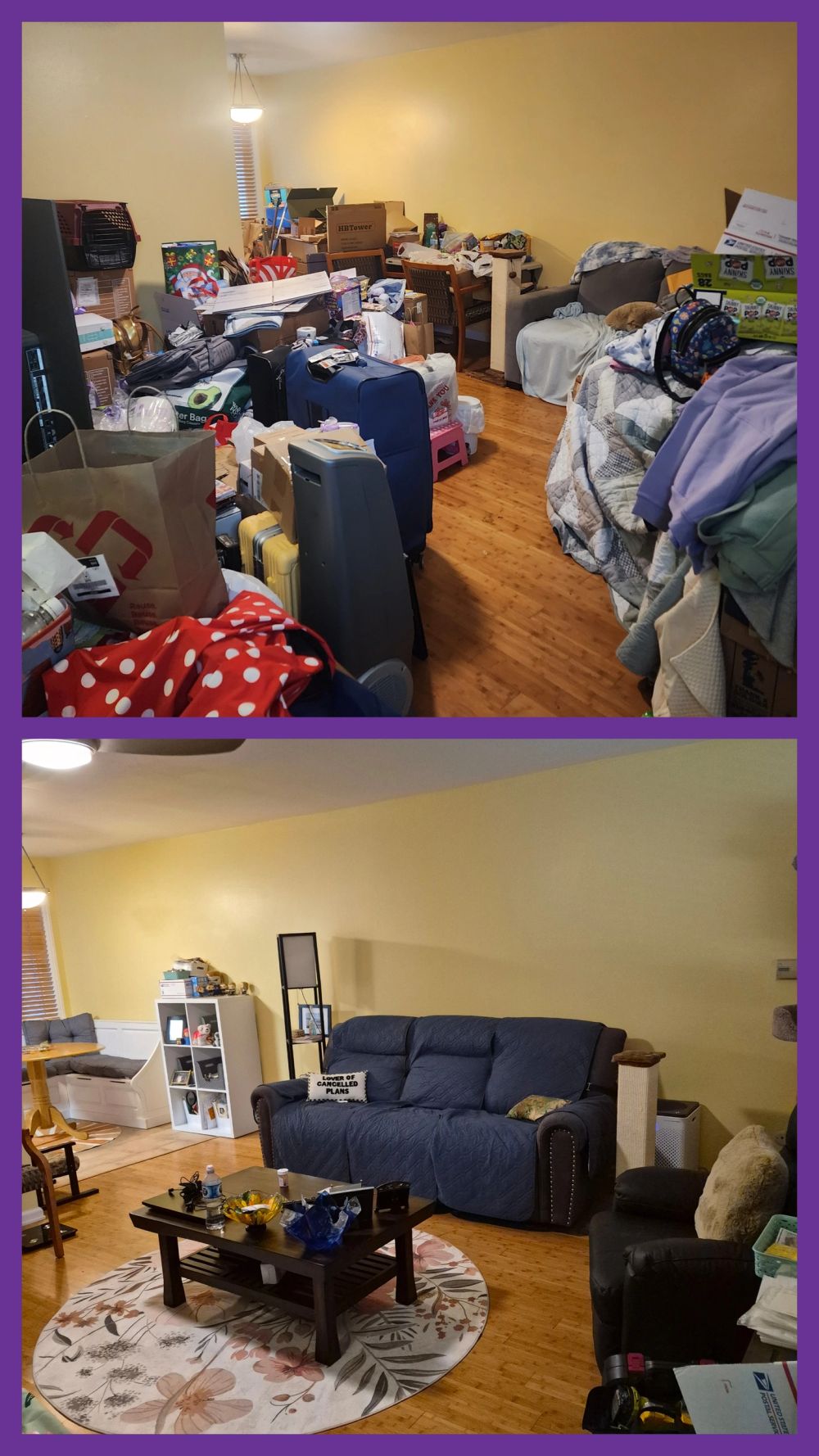 Before-and-after living-room project photos published on Central Coast Reorganize & Reset’s website