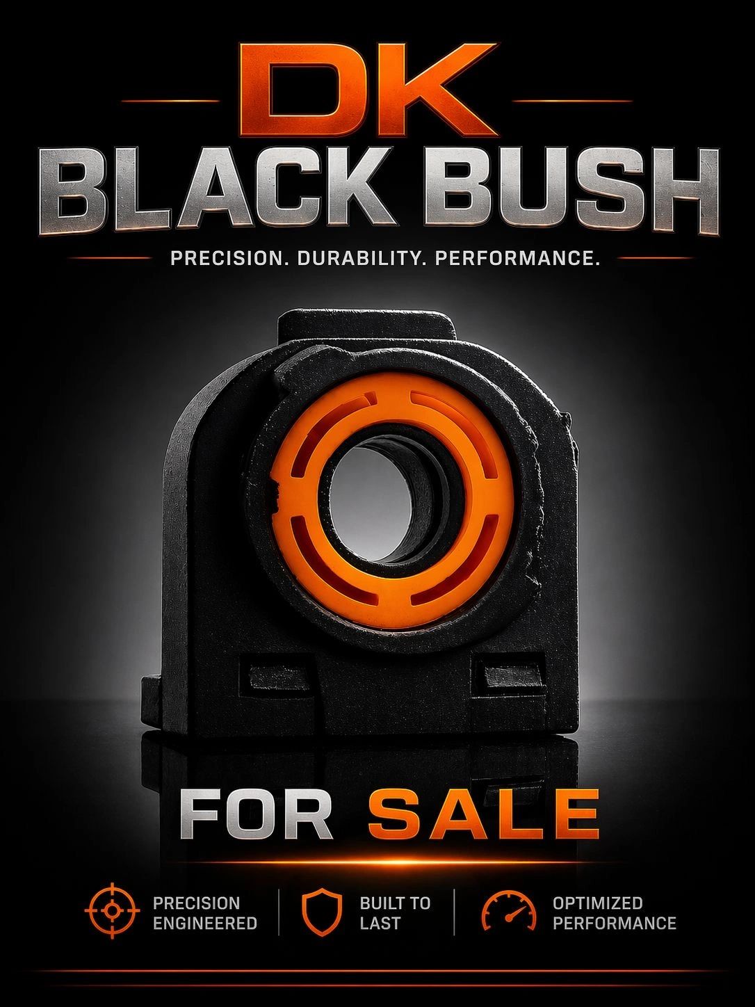 Close-up of DK Black Bush with orange inner ring, emphasizing precision and durability.