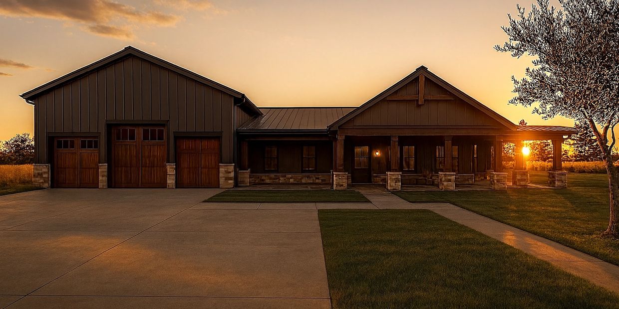 Modern ranch-style house with a large driveway at sunset.