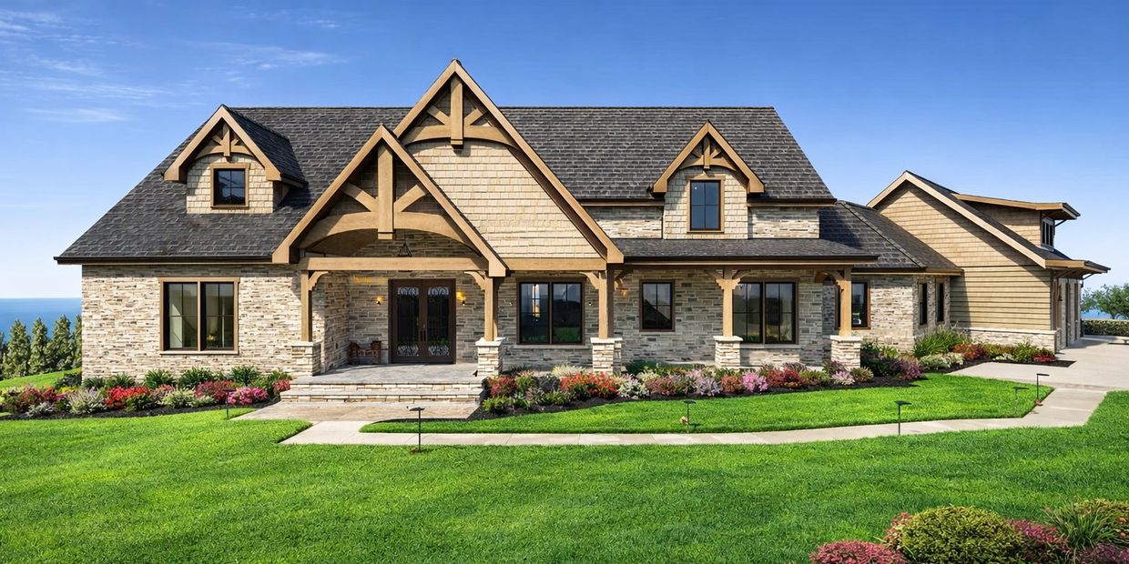 Large modern house with stone and wood exterior surrounded by a green lawn.