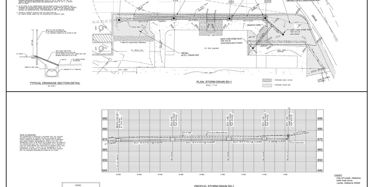 Engineering plan showing storm drain layout and profile with detailed measurements.