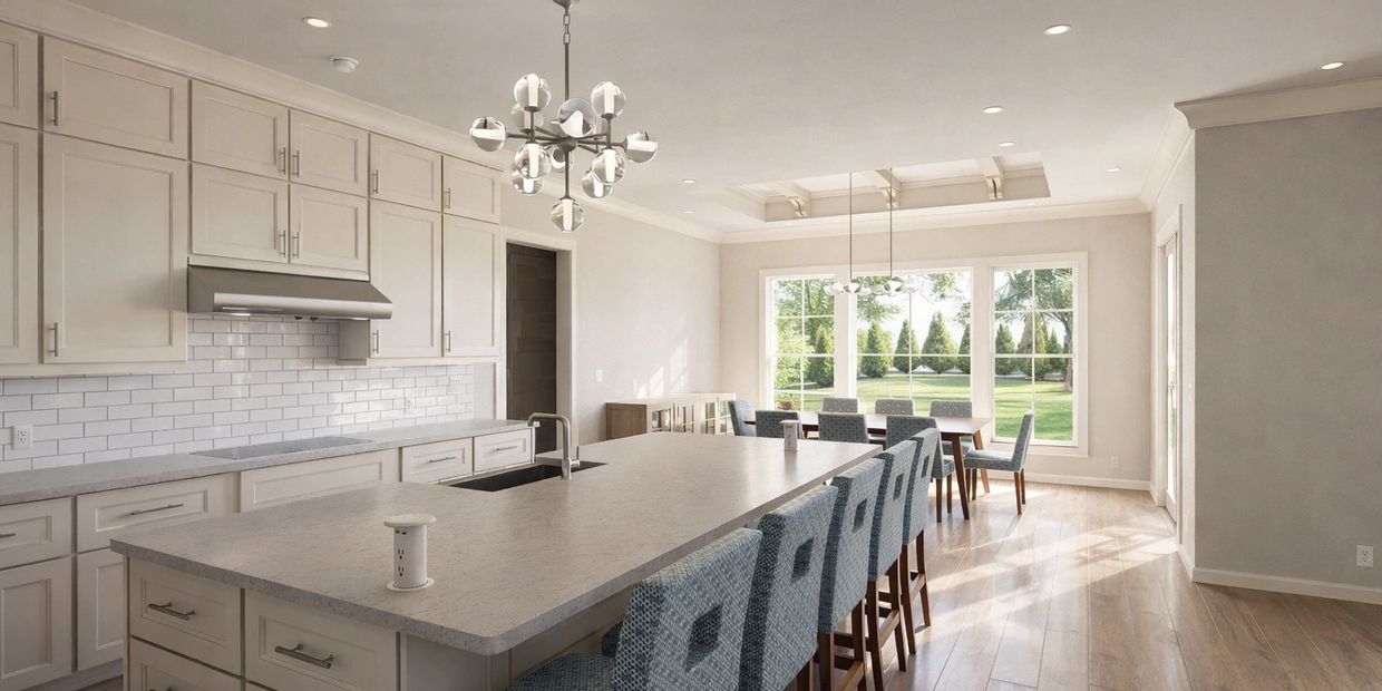 Modern kitchen with large island, blue chairs, and big windows overlooking a green yard.
