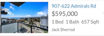 Condo with balcony overlooking city and ocean, priced $595,000.