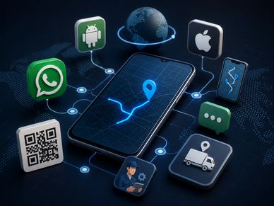 Smartphone with digital navigation and app icons connected in a network.