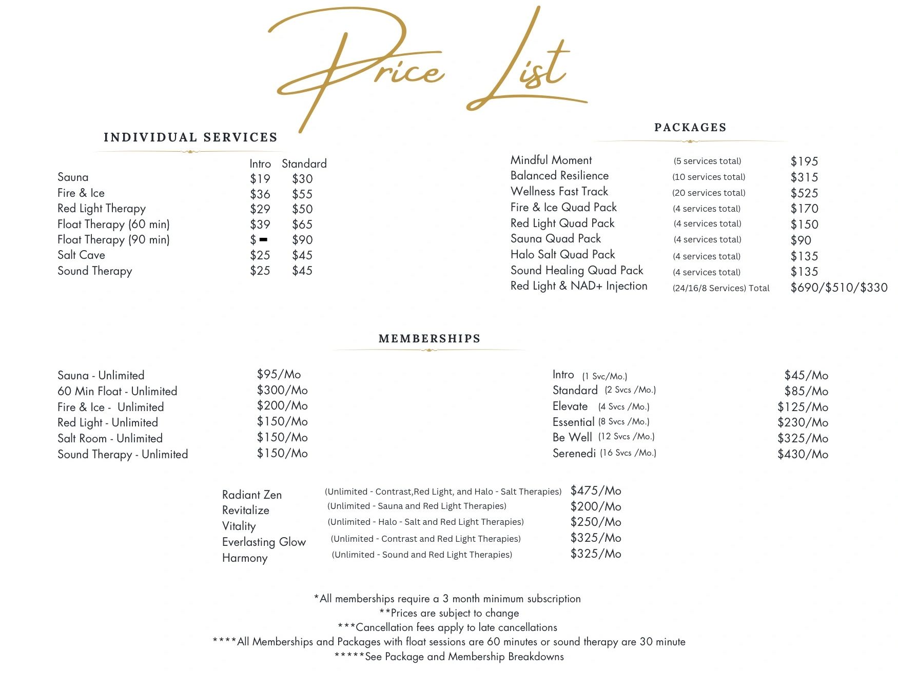 Price list showing individual services, packages, and memberships with costs for wellness therapies.